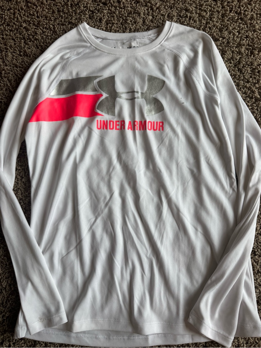 Under Armour White Long Sleeve Performance Shirt with Pink Accent